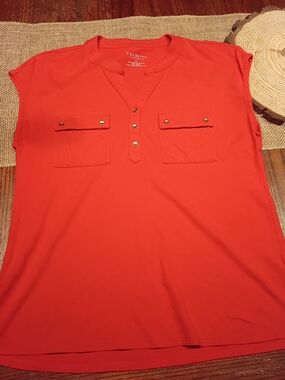 Talbots Bright Coral-Salmon Sleeveless Henley Tank with Snap Pockets